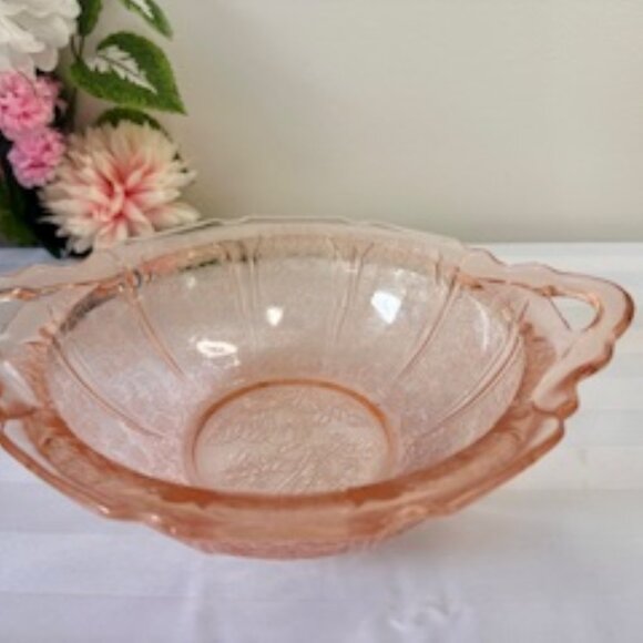 Jeanette Glass Cherry Blossom Pink Depression Bowl Two-Handled Floral Dish - Picture 2 of 6